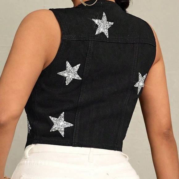 Dark Wash Blue Glitter Star Button Down Denim Jean Western Vest - Picture 10 of 12